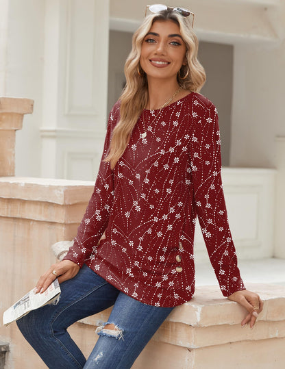 Zeagoo Womens Tops 2025 Long Sleeve Shirts for Fall Round Neck Blouses Floral Tunic Tops with Buttons Decor