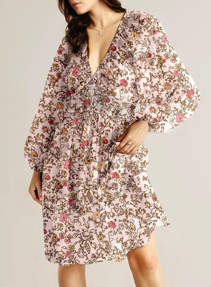 Dokotoo Fall Dresses for Women 2025 Boho Floral V Neck Long Sleeve Smocked Elastic Waist Casual A-Line Mini Dress Sundress