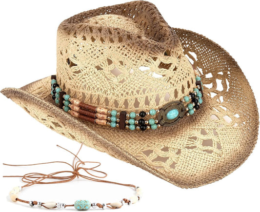 Men's Women's Straw Cowboy Hat Cowgirl Woven Sun Hat Western Cowboy Hat Two Decorative Bands