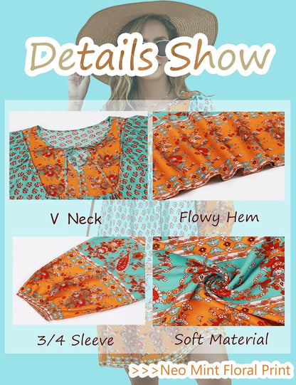 Bluetime Women Casual Summer Dress Boho V Neck 3/4 Sleeve Babydoll Floral Print Flowy Beach Dress