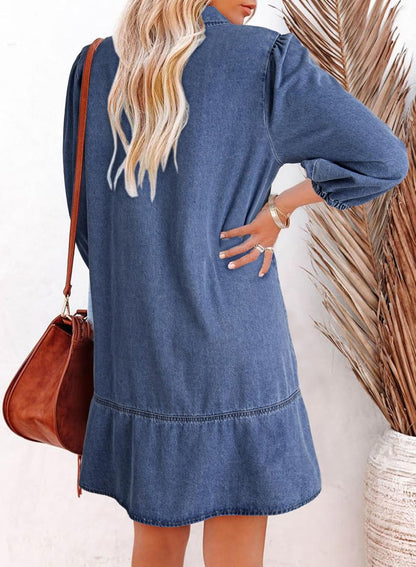 Dokotoo Denim Dress for Women Fashion Fall Casual Babydoll 2025 V Neck 3/4 Puff Sleeve Jean Dresses