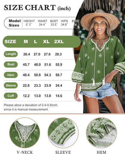 Vivilli Womens Boho Tops Casual V Neck 3/4 Sleeve Blouses Floral Print Shirt Tie Front Flowy Vacation Clothes