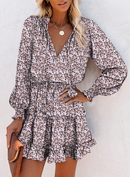 Dokotoo Fall Dresses for Women 2025 Boho Floral Drawstring V Neck Smocked Long Sleeve Ruffle Tiered Chiffon Mini Dress