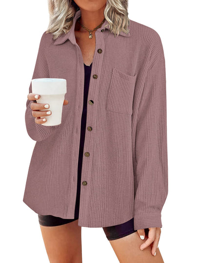 HOTOUCH Waffle Button Down Shirts for Women Dressy Casual Work Shacket V Neck Long Sleeve Lightweight Tops with Pocket