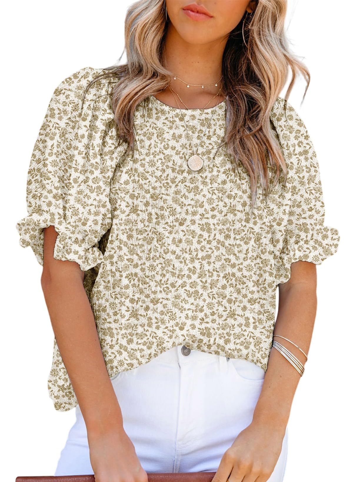 Dokotoo Floral Print Blouses for Women Crewneck Smocked Puff Sleeve Shirts Casual Babydoll Tops