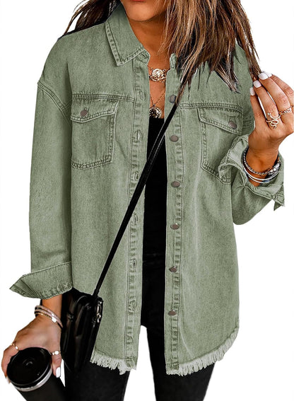 Dokotoo Women's Oversized Denim Jacket Casual Long Sleeve Denim Shirts Distresse Jean Jacket Fall Outfits 2025