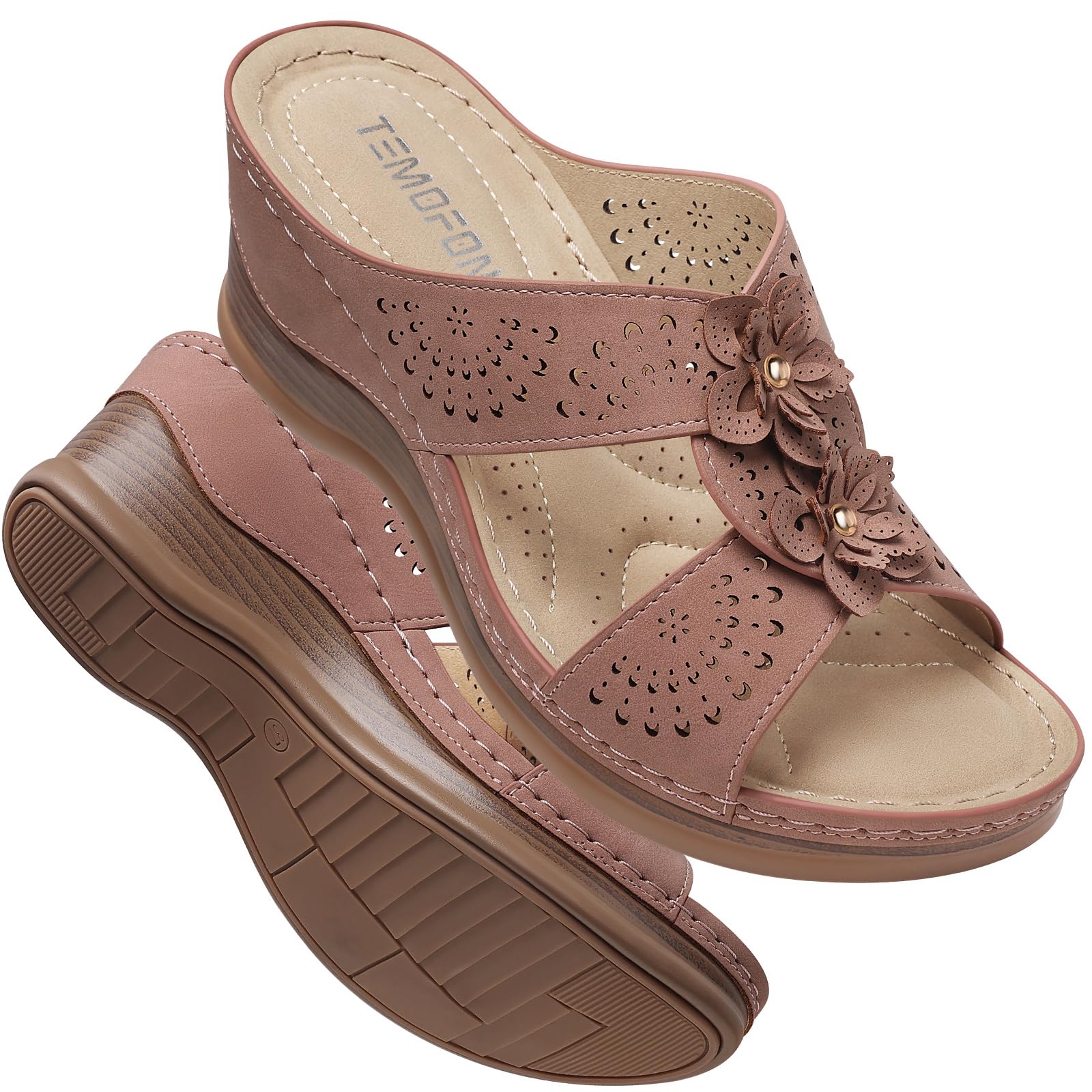 TEMOFON Womens Wedge Sandals Leather: Dressy Sandal, Rubber Sole, Comfortable Walking, Casual Slip on Summer Shoes, Size 5-11