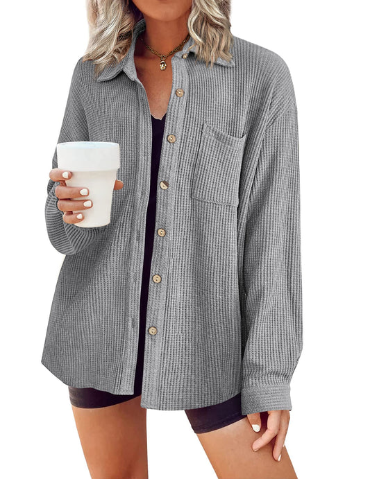 HOTOUCH Waffle Button Down Shirts for Women Dressy Casual Work Shacket V Neck Long Sleeve Lightweight Tops with Pocket
