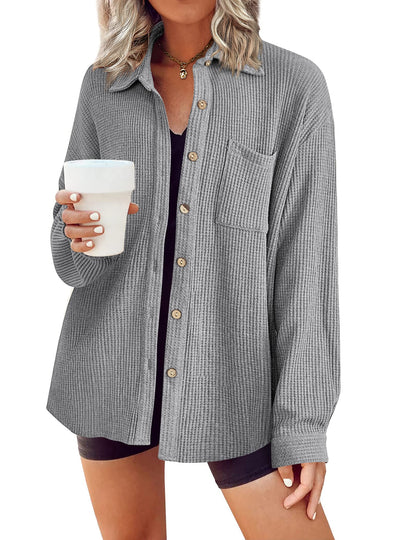 HOTOUCH Waffle Button Down Shirts for Women Dressy Casual Work Shacket V Neck Long Sleeve Lightweight Tops with Pocket