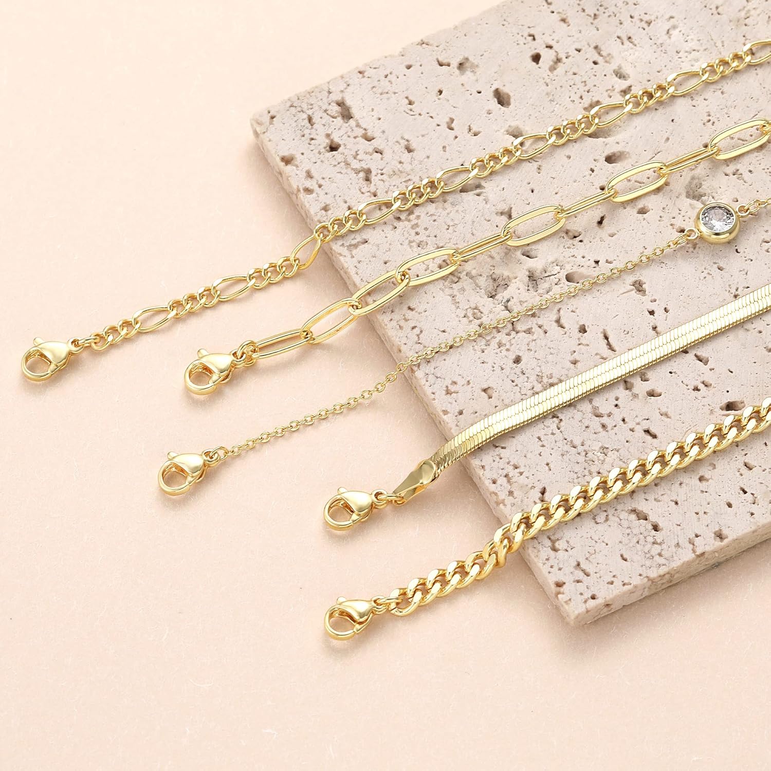 DEARMAY Waterproof Gold Bracelets Set for Women Trendy, Dainty 14K Real Gold Plated Jewelry Fashion Stackable Tennis Beaded Figaro Herringbone Paperclip Link Bracelet Pack Stack Gifts for Women