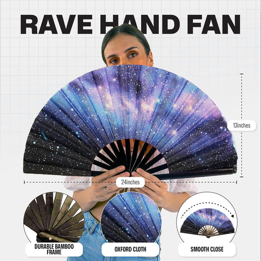 SoJourner Bags Rave Fan - Large Folding Fan - Clack Fan Hand Fan for Raves, Halloween, Burlesque, Rainbow Outfits for Women & Festival Accessories