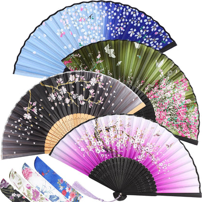Zonon 4 Pack Handheld Floral Folding Fans Hand Held Silk Bamboo Fans with Tassel Women Hollowed Hand Foldable Fan with Fabric Sleeve for Dancing Wedding Decoration Gifts(Classic)