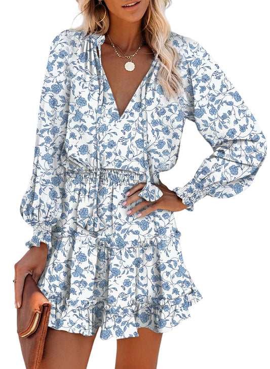 Dokotoo Fall Dresses for Women 2025 Boho Floral Drawstring V Neck Smocked Long Sleeve Ruffle Tiered Chiffon Mini Dress