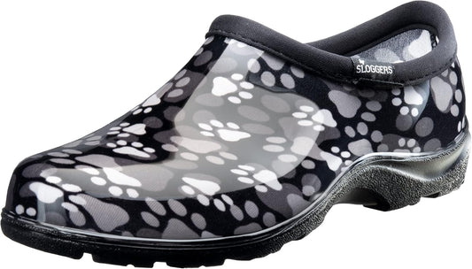 Sloggers Original Waterproof Rain and Garden Shoe for Women– Outdoor Slip-On Garden Clog - Made in The USA with Premium Comfort Insole and Arch Support - Paw Print Black/White, Size 8