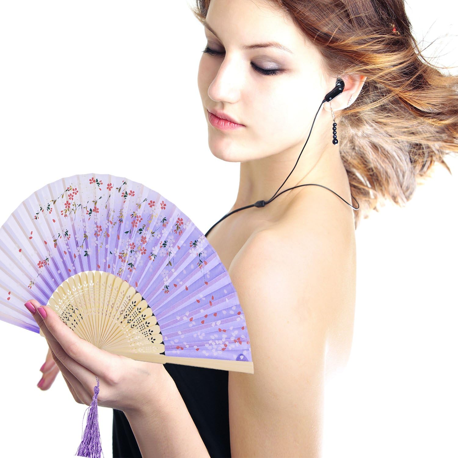 Zonon 4 Pack Handheld Floral Folding Fans Hand Held Silk Bamboo Fans with Tassel Women Hollowed Hand Foldable Fan with Fabric Sleeve for Dancing Wedding Decoration Gifts(Classic)