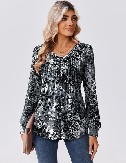 Zeagoo Long Sleeve Shirts for Women Casual V Neck Top Pleated Floral Boho Blouses 2025 Fall Tunics