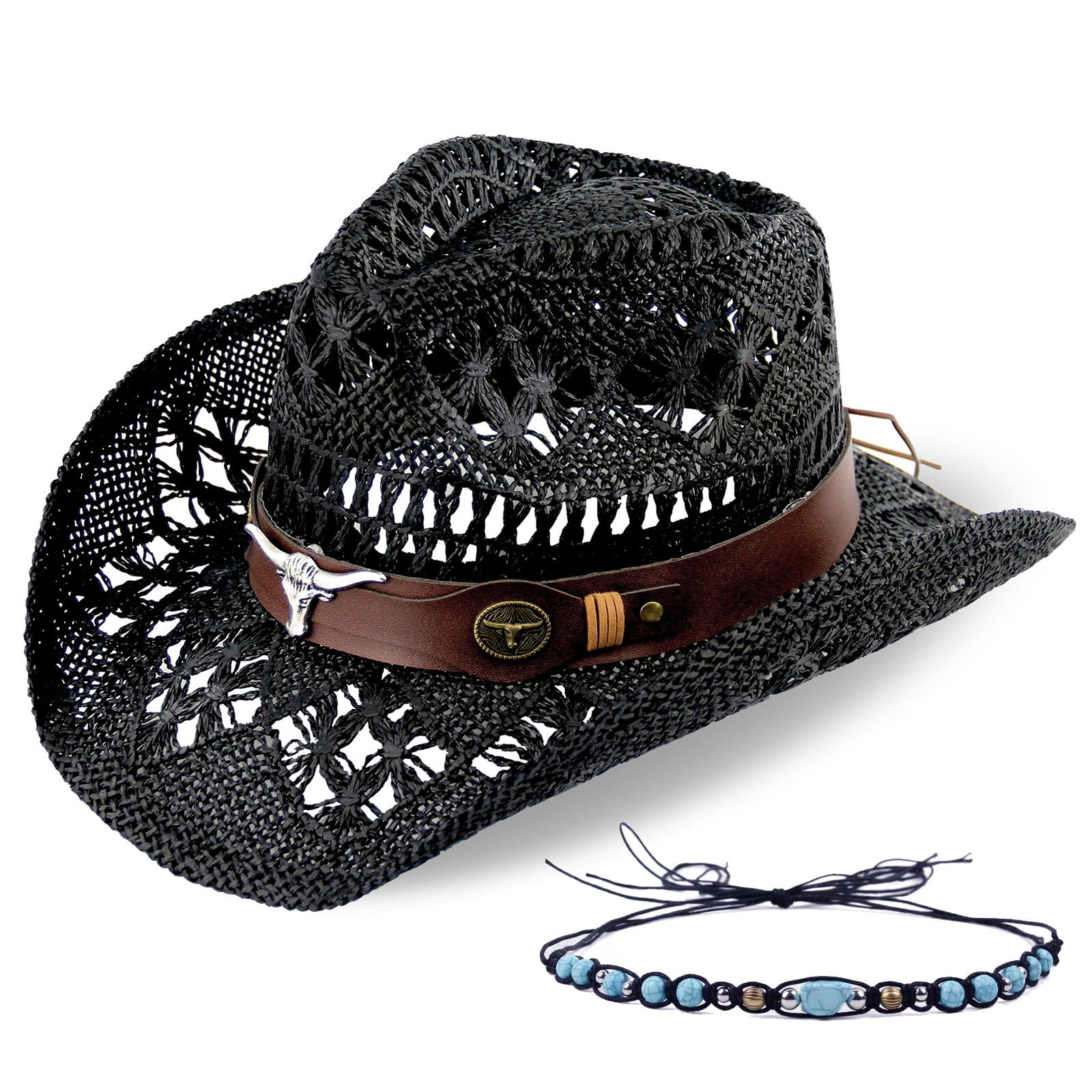 Men's Women's Straw Cowboy Hat Cowgirl Woven Sun Hat Western Cowboy Hat Two Decorative Bands