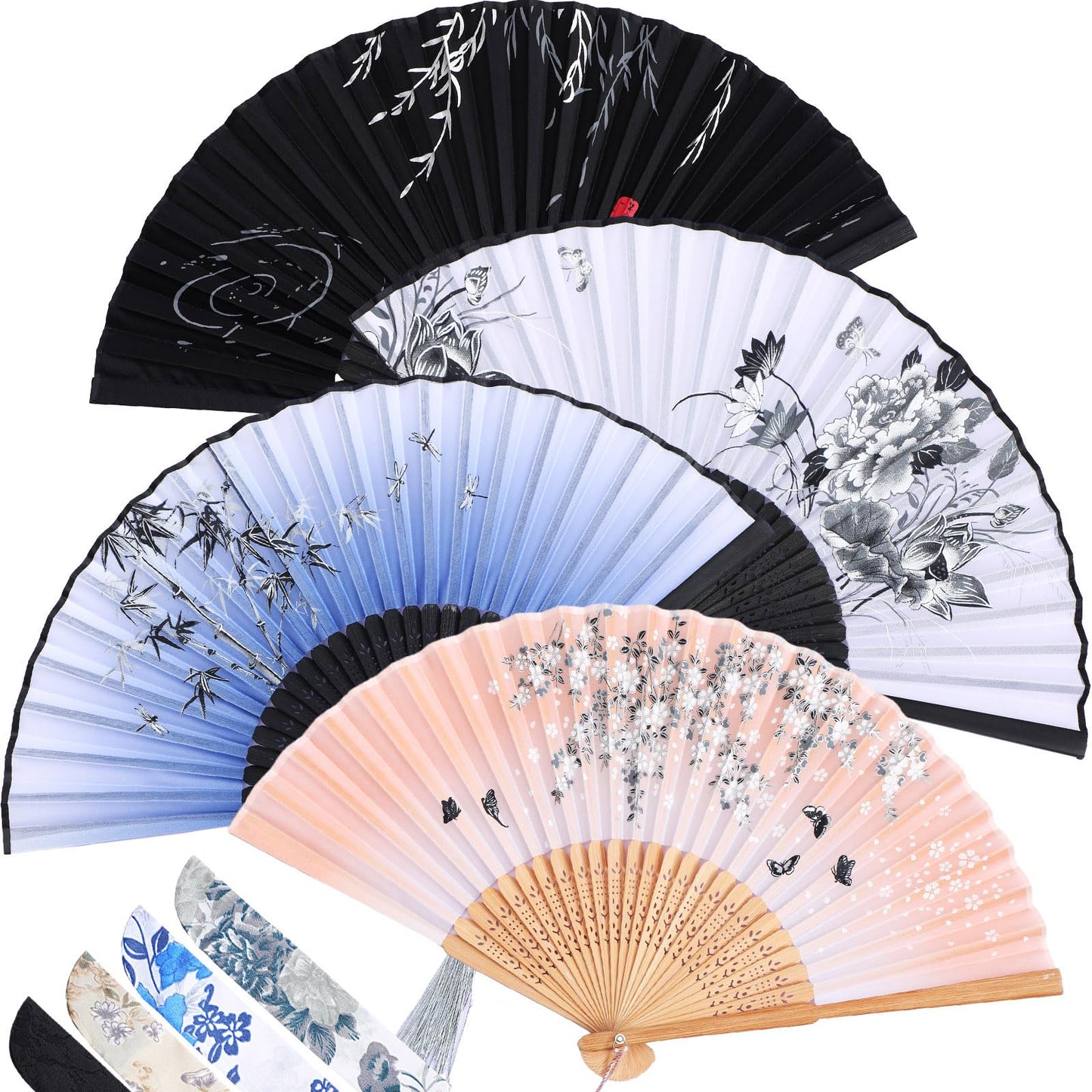 Zonon 4 Pack Handheld Floral Folding Fans Hand Held Silk Bamboo Fans with Tassel Women Hollowed Hand Foldable Fan with Fabric Sleeve for Dancing Wedding Decoration Gifts(Classic)