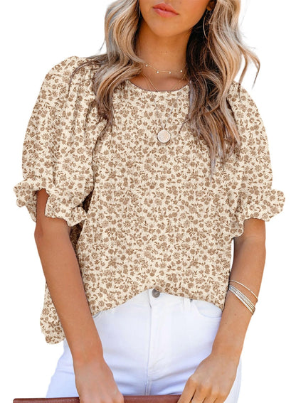 Dokotoo Floral Print Blouses for Women Crewneck Smocked Puff Sleeve Shirts Casual Babydoll Tops