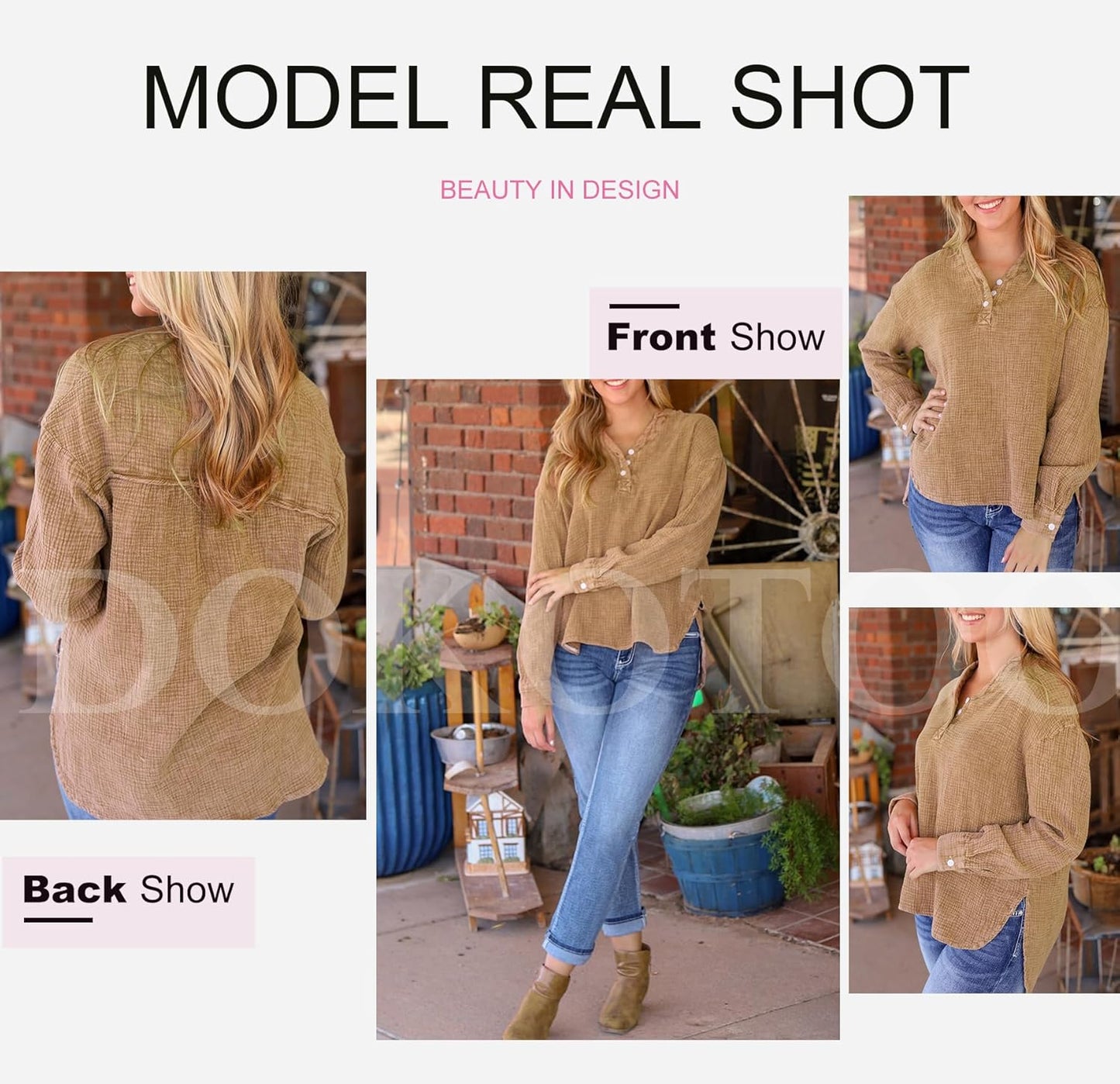 Dokotoo Womens Casual Button V Neck Long Sleeve Shirts Oversized Solid Blouses Tops