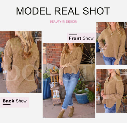 Dokotoo Womens Casual Button V Neck Long Sleeve Shirts Oversized Solid Blouses Tops