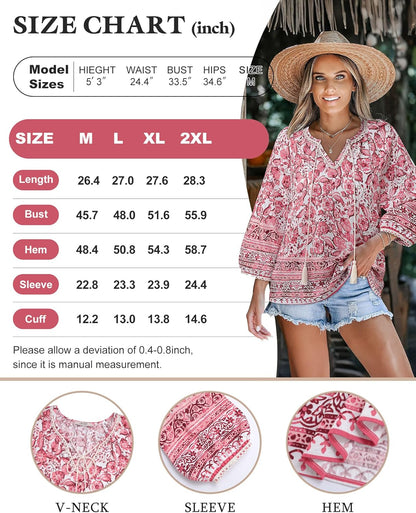Vivilli Womens Boho Tops Casual V Neck 3/4 Sleeve Blouses Floral Print Shirt Tie Front Flowy Vacation Clothes