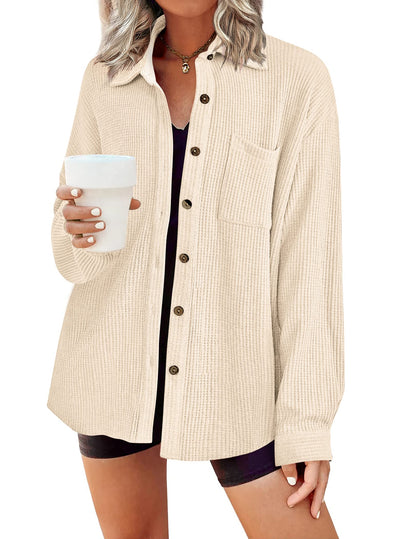 HOTOUCH Waffle Button Down Shirts for Women Dressy Casual Work Shacket V Neck Long Sleeve Lightweight Tops with Pocket
