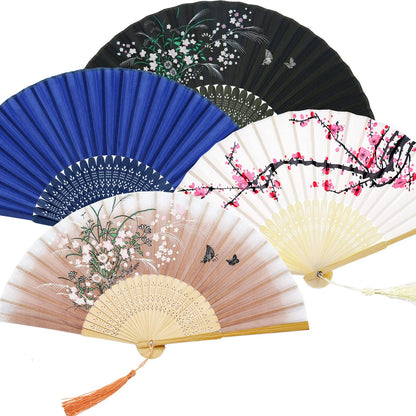 Zonon 4 Pack Handheld Floral Folding Fans Hand Held Silk Bamboo Fans with Tassel Women Hollowed Hand Foldable Fan with Fabric Sleeve for Dancing Wedding Decoration Gifts(Classic)