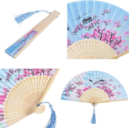 Zonon 4 Pack Handheld Floral Folding Fans Hand Held Silk Bamboo Fans with Tassel Women Hollowed Hand Foldable Fan with Fabric Sleeve for Dancing Wedding Decoration Gifts(Classic)