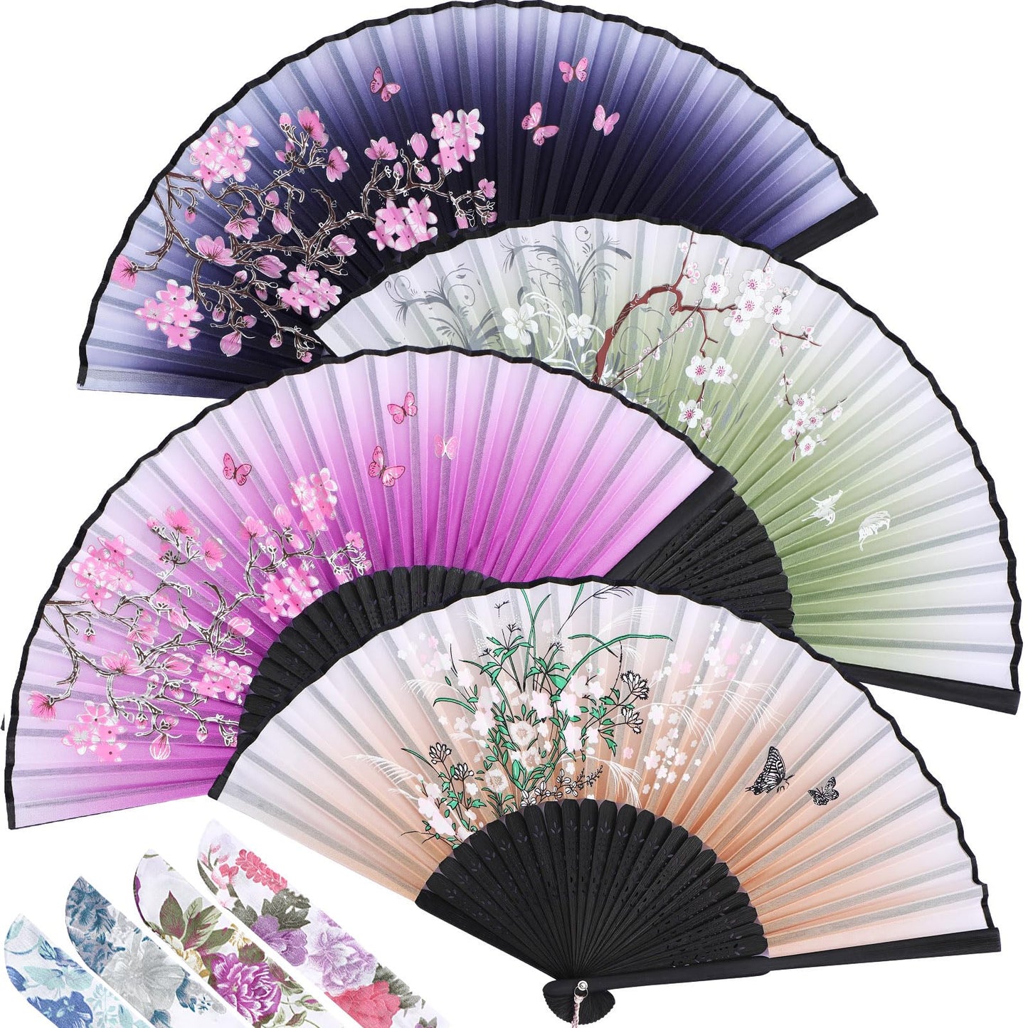 Zonon 4 Pack Handheld Floral Folding Fans Hand Held Silk Bamboo Fans with Tassel Women Hollowed Hand Foldable Fan with Fabric Sleeve for Dancing Wedding Decoration Gifts(Classic)