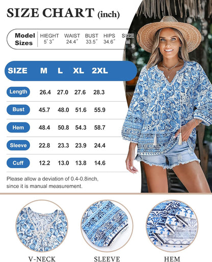 Vivilli Womens Boho Tops Casual V Neck 3/4 Sleeve Blouses Floral Print Shirt Tie Front Flowy Vacation Clothes