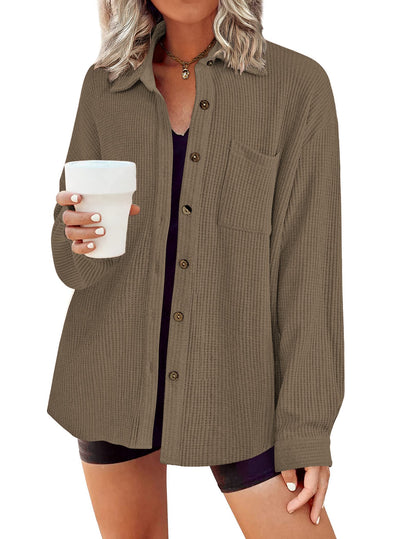 HOTOUCH Waffle Button Down Shirts for Women Dressy Casual Work Shacket V Neck Long Sleeve Lightweight Tops with Pocket