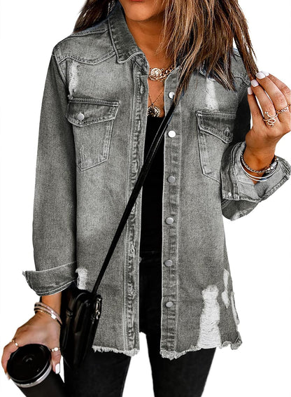 Dokotoo Women's Oversized Denim Jacket Casual Long Sleeve Denim Shirts Distresse Jean Jacket Fall Outfits 2025