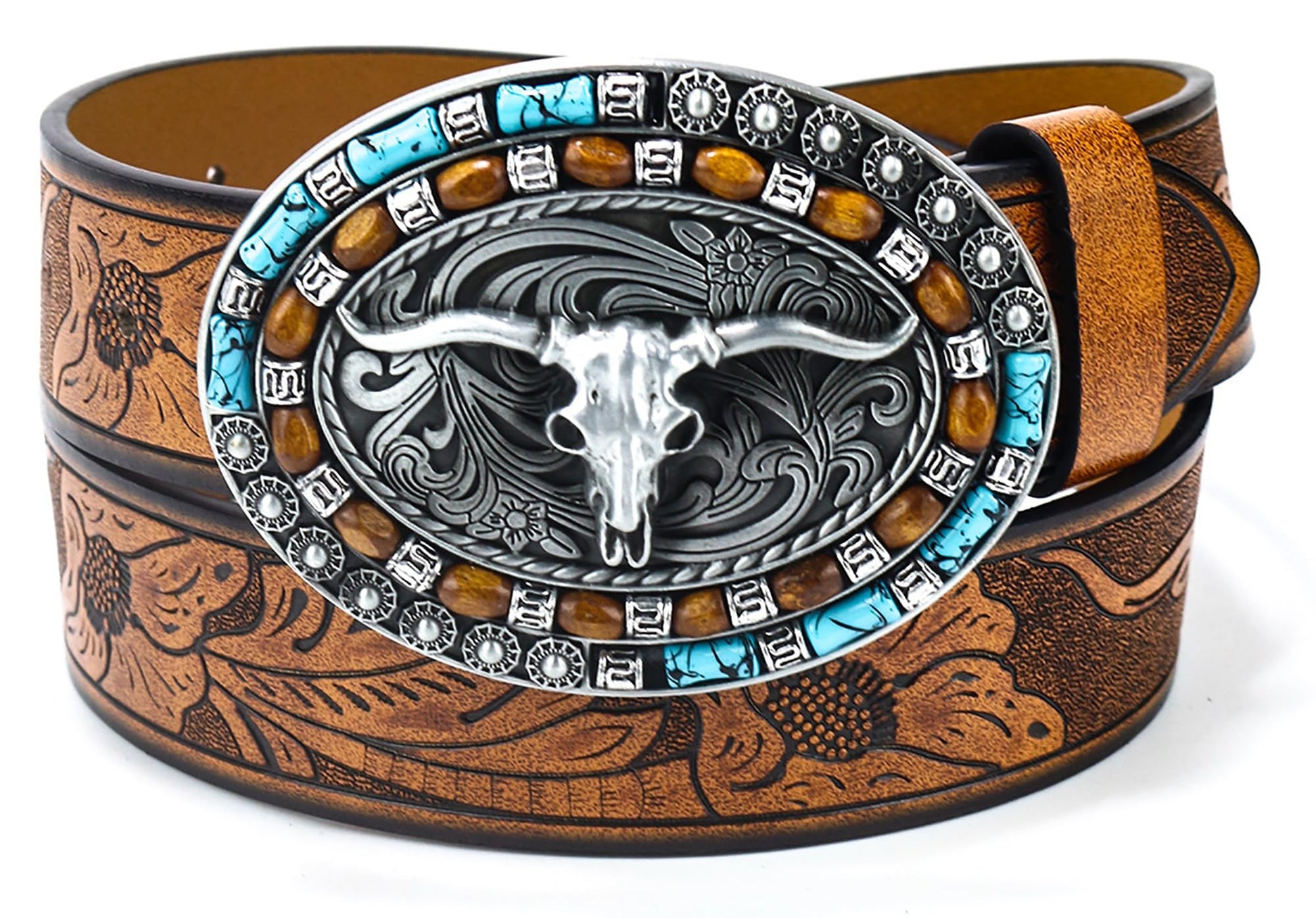 Western-Cowboy-Leather-Belts for Women Turquoise-Oval-Buckle Embossed Cowgirl Belt for Jeans Pants Fit for 27"-41"