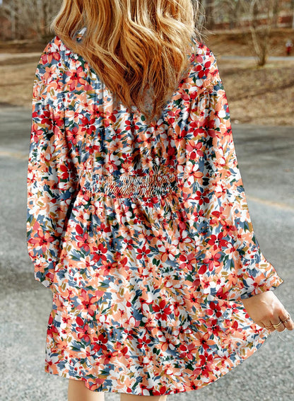 Dokotoo Fall Dresses for Women 2025 Boho Floral V Neck Long Sleeve Smocked Elastic Waist Casual A-Line Mini Dress Sundress