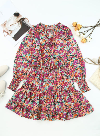 Dokotoo Fall Dresses for Women 2025 Boho Floral Drawstring V Neck Smocked Long Sleeve Ruffle Tiered Chiffon Mini Dress