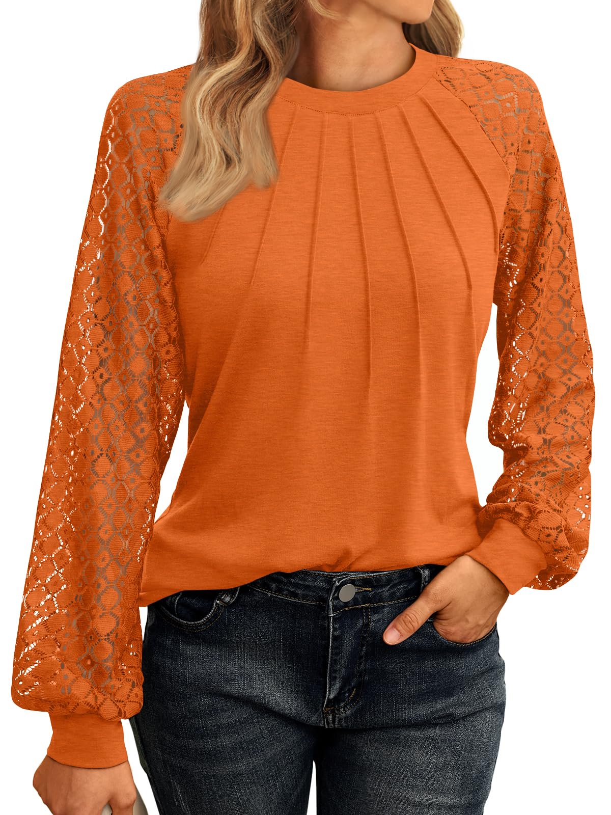 AUTOMET Womens Long Sleeve Shirts Pleated Lace Tops Fall Fashion Outfits Business Casual Blouses