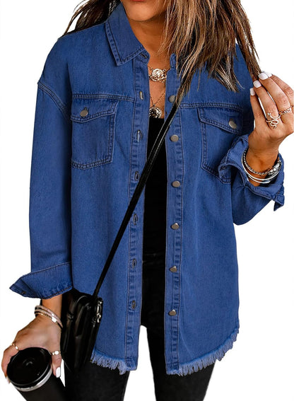 Dokotoo Women's Oversized Denim Jacket Casual Long Sleeve Denim Shirts Distresse Jean Jacket Fall Outfits 2025