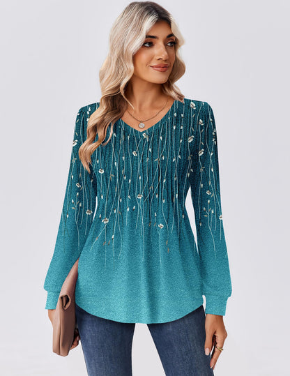 Zeagoo Long Sleeve Shirts for Women Casual V Neck Top Pleated Floral Boho Blouses 2025 Fall Tunics