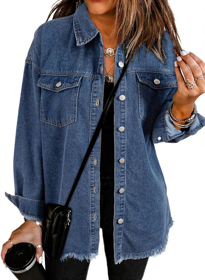 Dokotoo Women's Oversized Denim Jacket Casual Long Sleeve Denim Shirts Distresse Jean Jacket Fall Outfits 2025