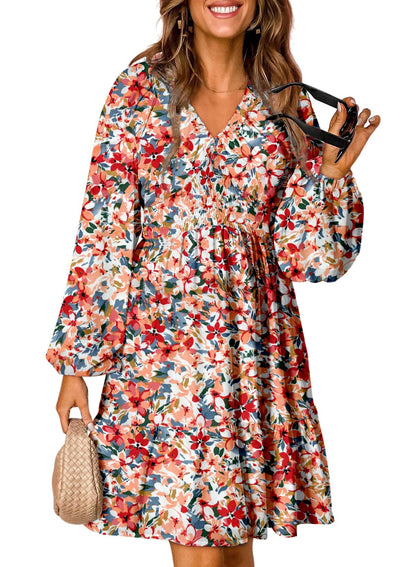 Dokotoo Fall Dresses for Women 2025 Boho Floral V Neck Long Sleeve Smocked Elastic Waist Casual A-Line Mini Dress Sundress