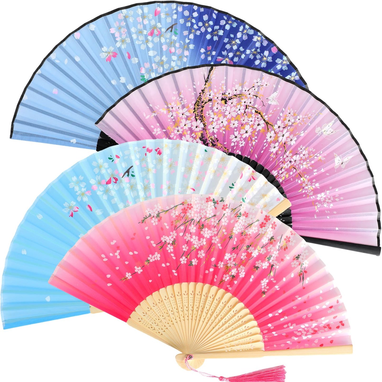 Zonon 4 Pack Handheld Floral Folding Fans Hand Held Silk Bamboo Fans with Tassel Women Hollowed Hand Foldable Fan with Fabric Sleeve for Dancing Wedding Decoration Gifts(Classic)