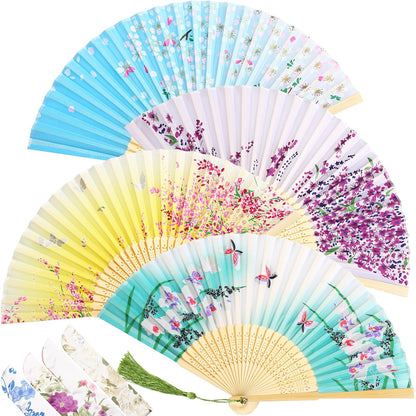 Zonon 4 Pack Handheld Floral Folding Fans Hand Held Silk Bamboo Fans with Tassel Women Hollowed Hand Foldable Fan with Fabric Sleeve for Dancing Wedding Decoration Gifts(Classic)