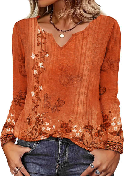 Zeagoo Boho Tops for Women Long Sleeve V Neck Fall Shirt Casual Dressy Blouse Tunic Business Work Clothes School Outfits