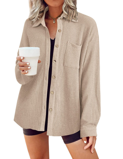HOTOUCH Waffle Button Down Shirts for Women Dressy Casual Work Shacket V Neck Long Sleeve Lightweight Tops with Pocket