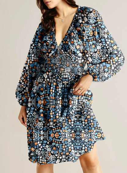 Dokotoo Fall Dresses for Women 2025 Boho Floral V Neck Long Sleeve Smocked Elastic Waist Casual A-Line Mini Dress Sundress