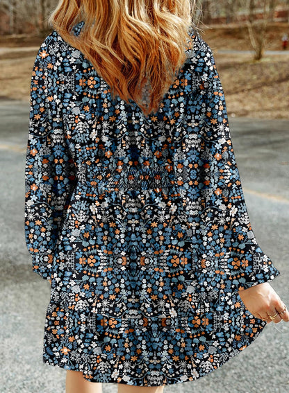 Dokotoo Fall Dresses for Women 2025 Boho Floral V Neck Long Sleeve Smocked Elastic Waist Casual A-Line Mini Dress Sundress