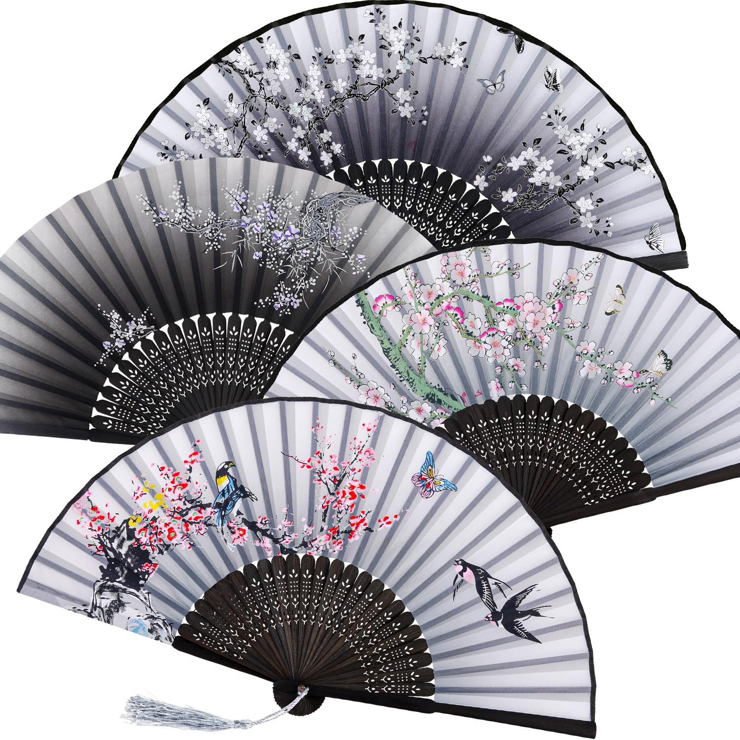 Zonon 4 Pack Handheld Floral Folding Fans Hand Held Silk Bamboo Fans with Tassel Women Hollowed Hand Foldable Fan with Fabric Sleeve for Dancing Wedding Decoration Gifts(Classic)