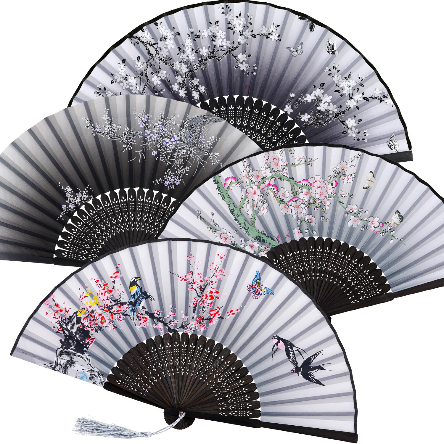 Zonon 4 Pack Handheld Floral Folding Fans Hand Held Silk Bamboo Fans with Tassel Women Hollowed Hand Foldable Fan with Fabric Sleeve for Dancing Wedding Decoration Gifts(Classic)
