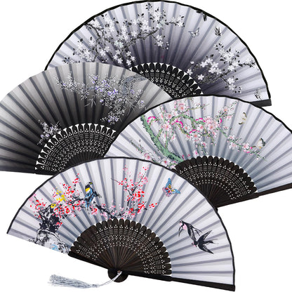 Zonon 4 Pack Handheld Floral Folding Fans Hand Held Silk Bamboo Fans with Tassel Women Hollowed Hand Foldable Fan with Fabric Sleeve for Dancing Wedding Decoration Gifts(Classic)